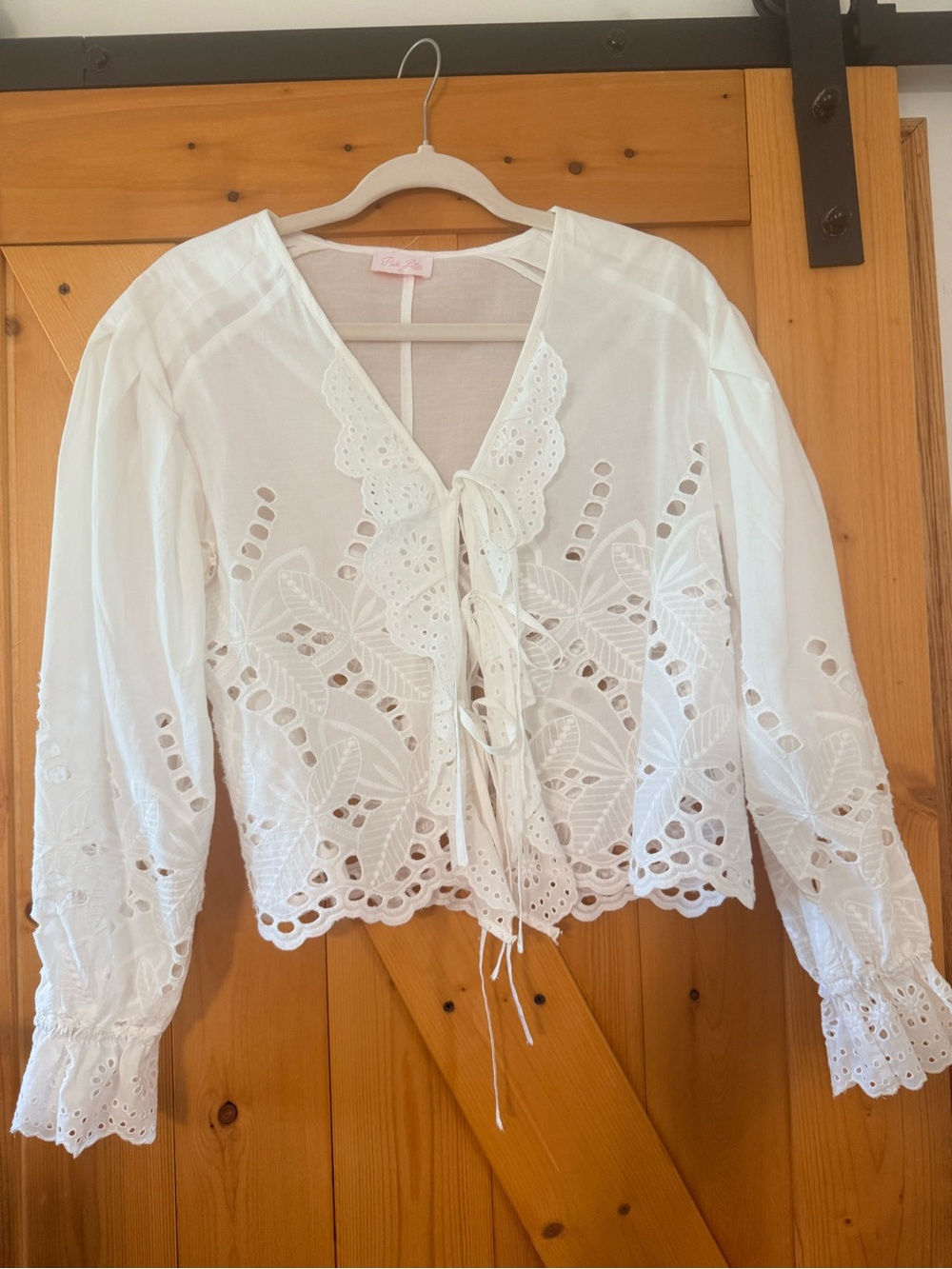 100% Cotton White Eyelet Tie-Front Blouse